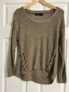 Eclipse Scoop Neck Taupe Knit Sweater with Lace-Up Sides